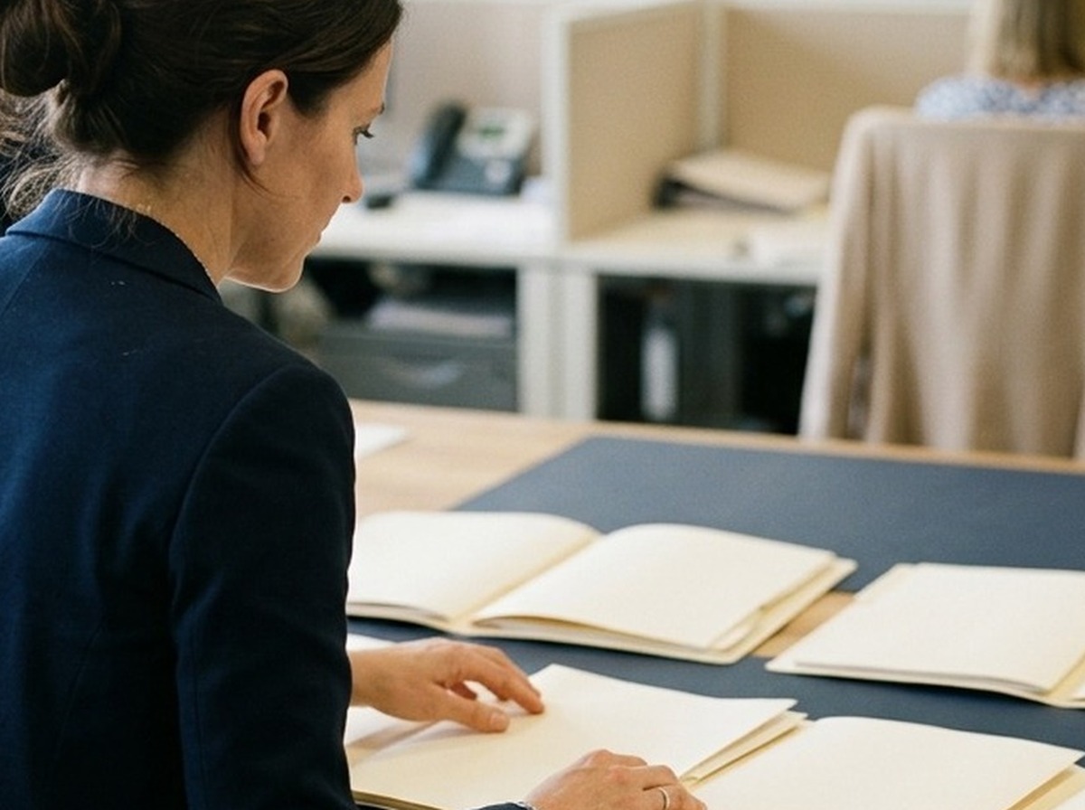 A generic reviewer examines an ordered run of blank monthly folders and receipts with no financial details shown.