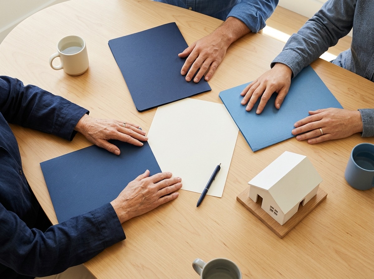 An overhead document-review scene shows several transaction participants coordinating around a clean, unreadable worksheet.