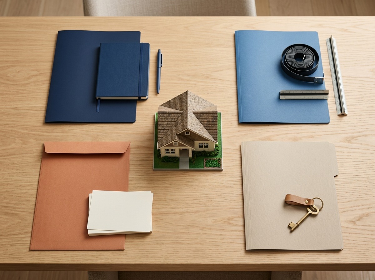 A text-free overhead still life separates closing materials into four clearly distinct groups.