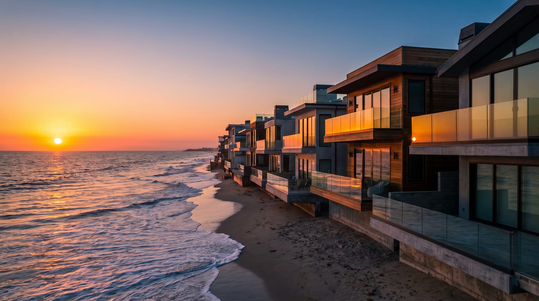 Oceanfront homes at Sunset Beach in the last golden-hour light