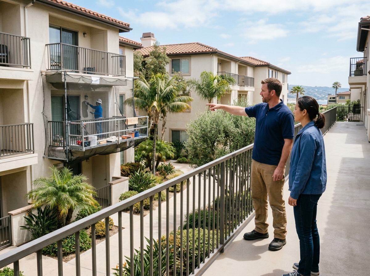 A generic building professional and buyer safely observe visible balcony maintenance and repair staging.