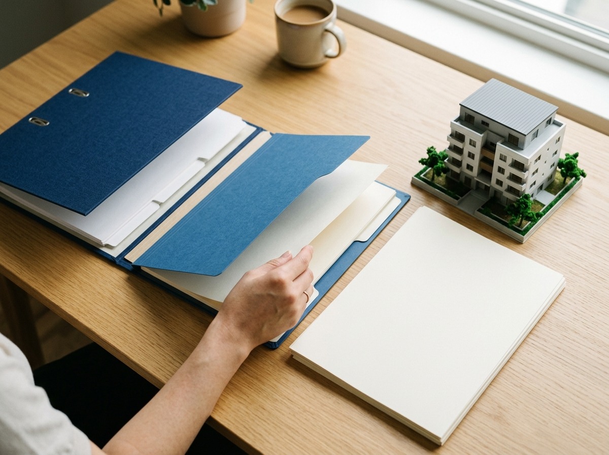 An orderly binder, insurance-style folder, budget pages, and maintenance plan form a complete text-free review set.