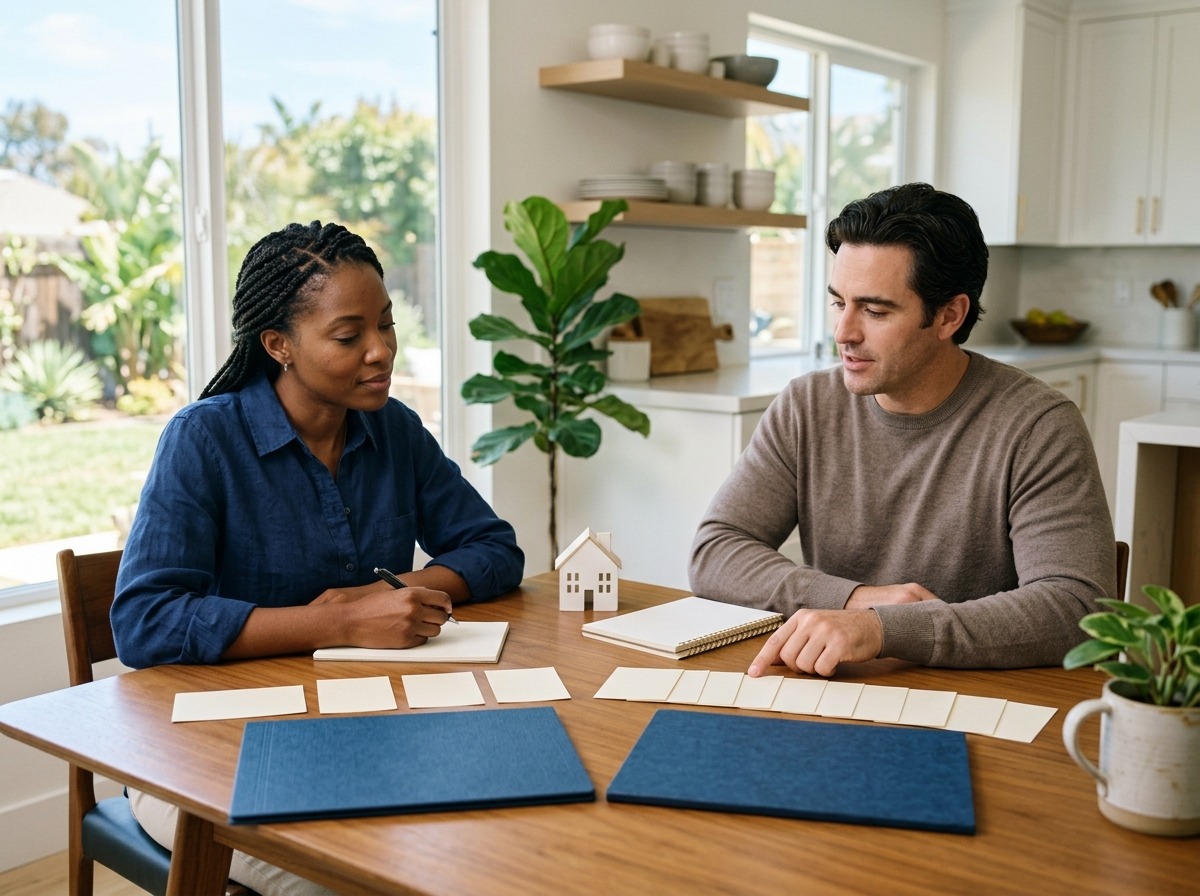 A couple compares two financing folders beside a home model and household planning materials.