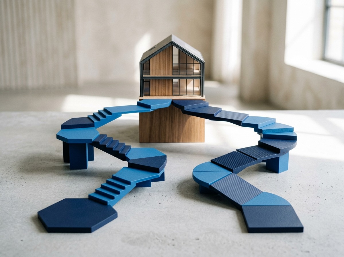 Two text-free material paths with different starting structures lead toward one home.