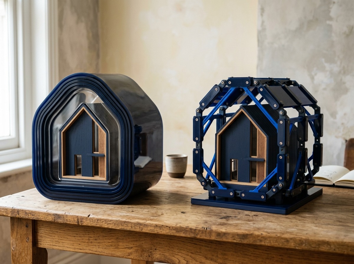Matching house models are protected by two visibly different, unlabeled structural systems.