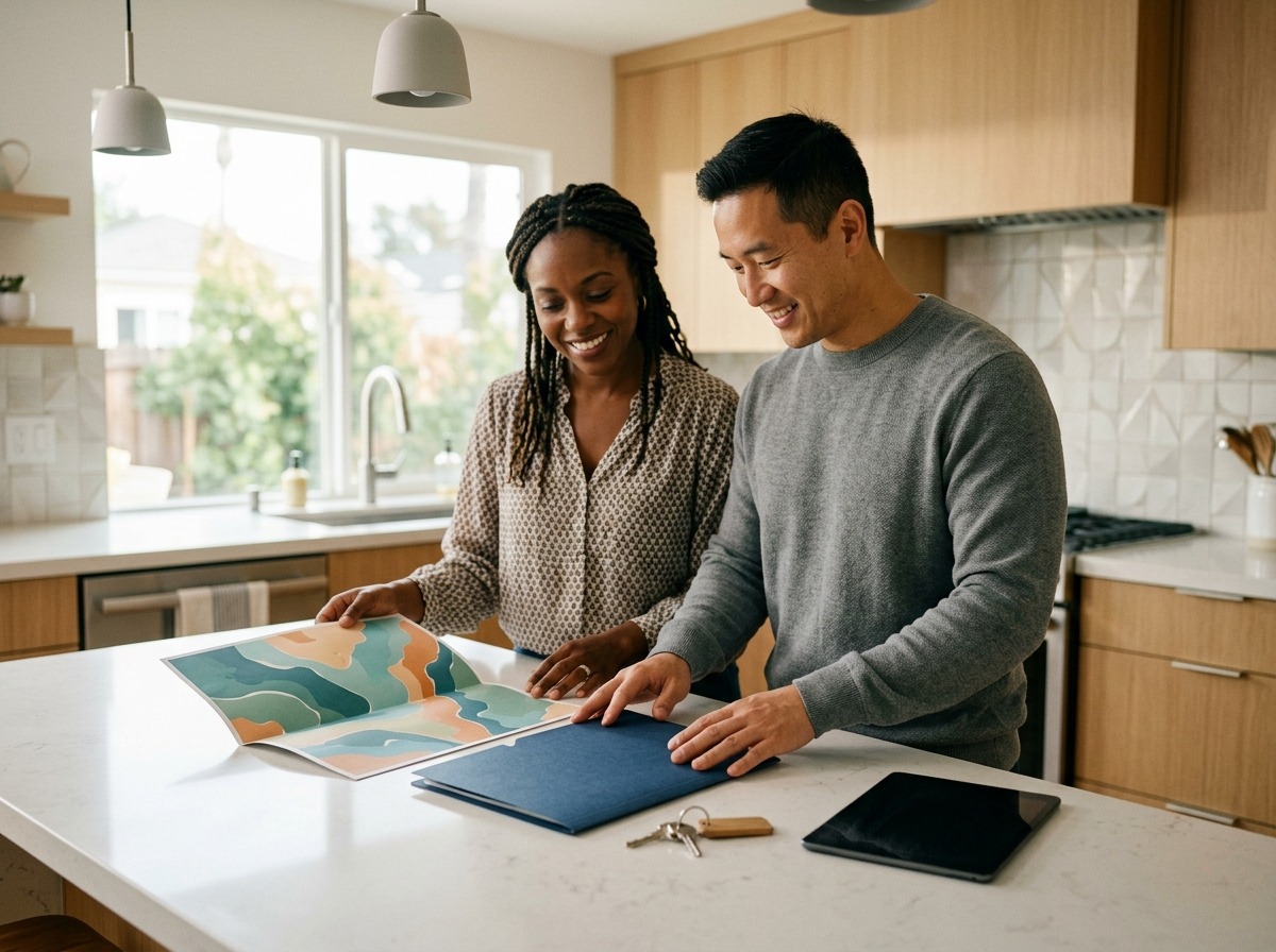 A couple organizes a blank financing folder beside a text-free property map before leaving to tour homes.