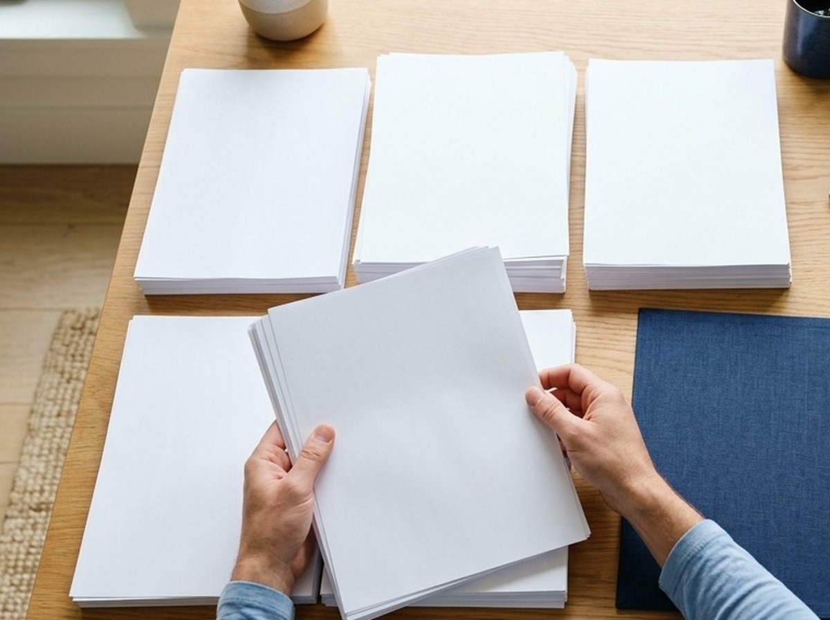 Four separate blank document groups and a privacy-angled laptop form an organized underwriting file.