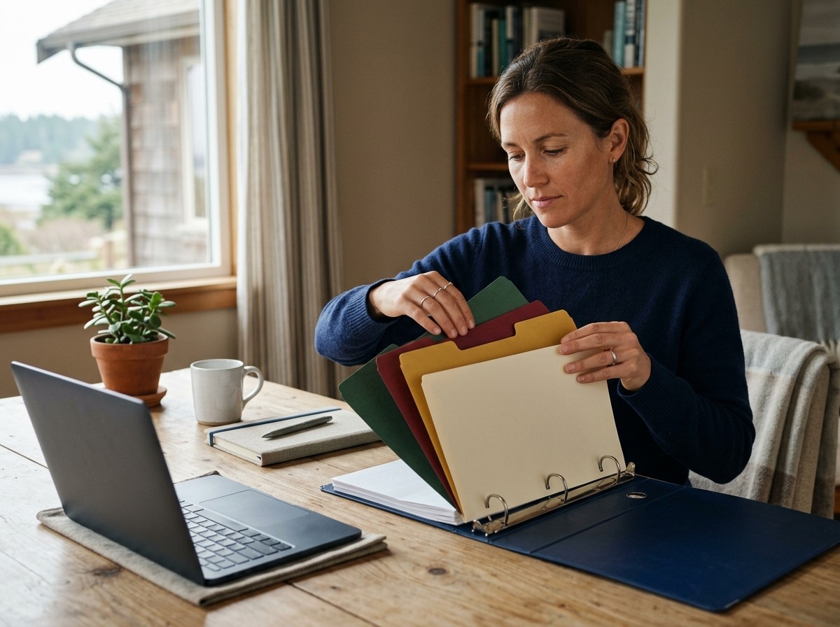 A business owner arranges separate blank business, borrower, funds, and property folders into one file.