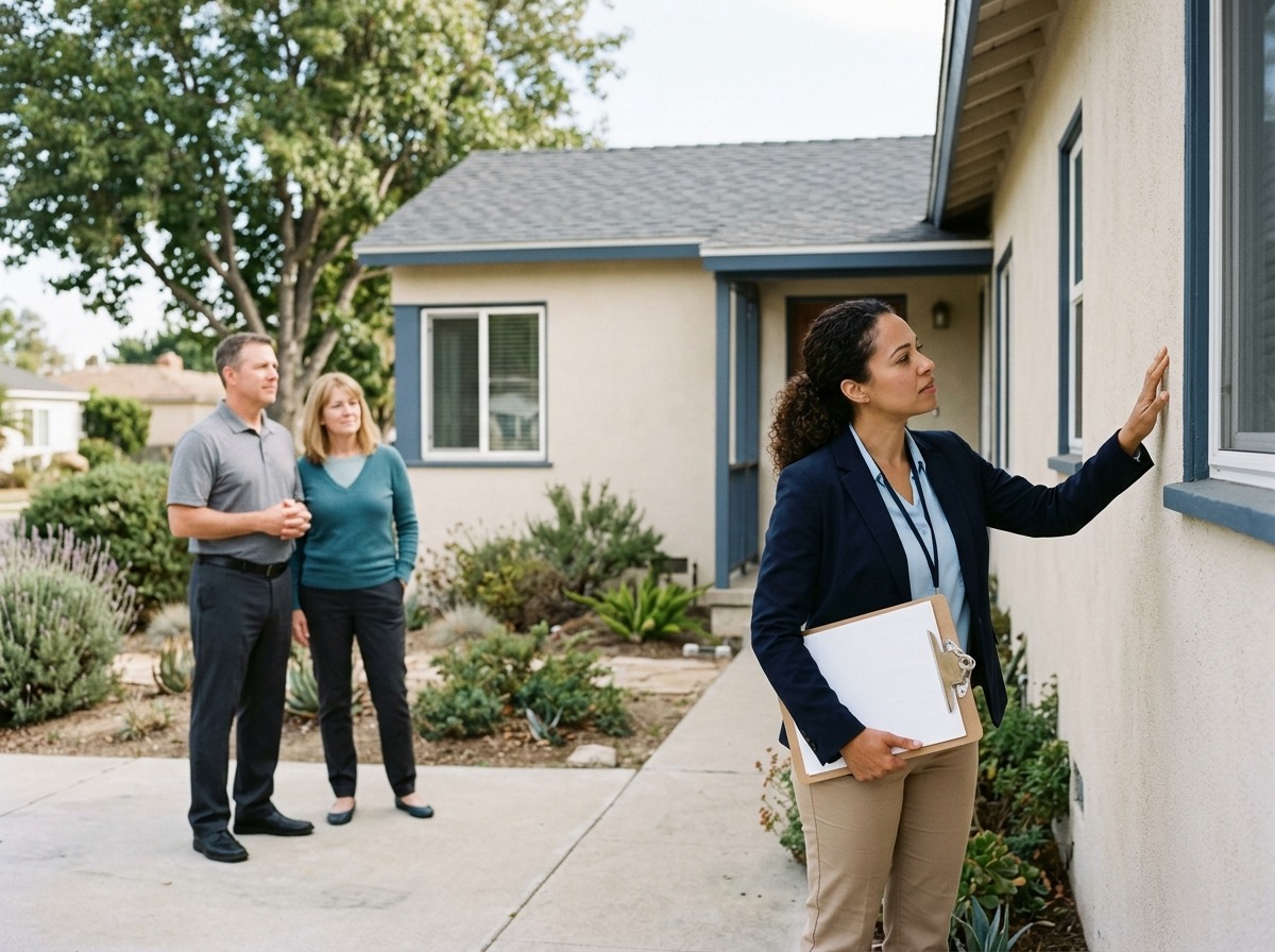 A generic professional evaluates a home's exterior while buyers observe, with all notes hidden.