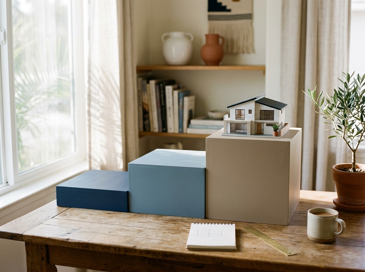 A tactile, text-free financing metaphor uses three progressively higher platforms leading to one model home.