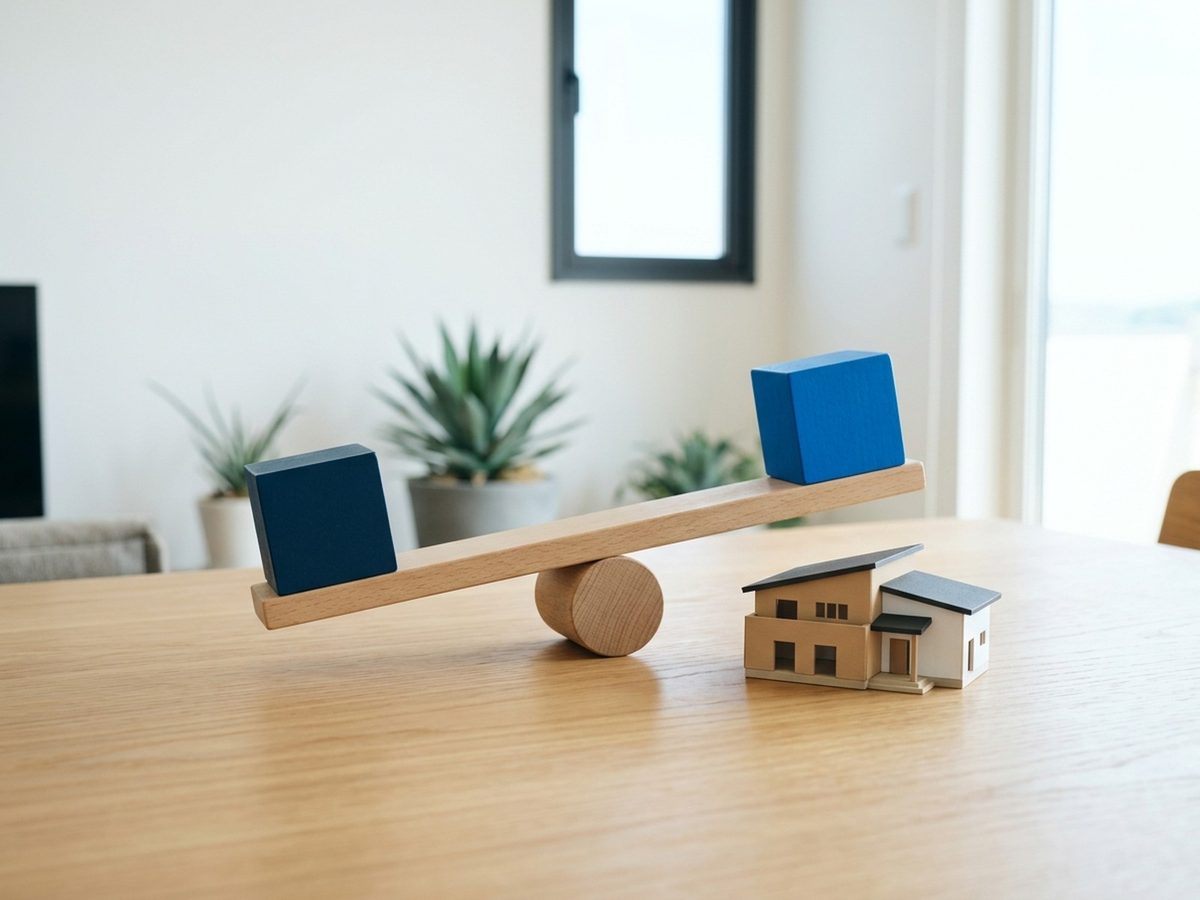 A seesaw with a navy block and a blue block balanced beside a model house on a table