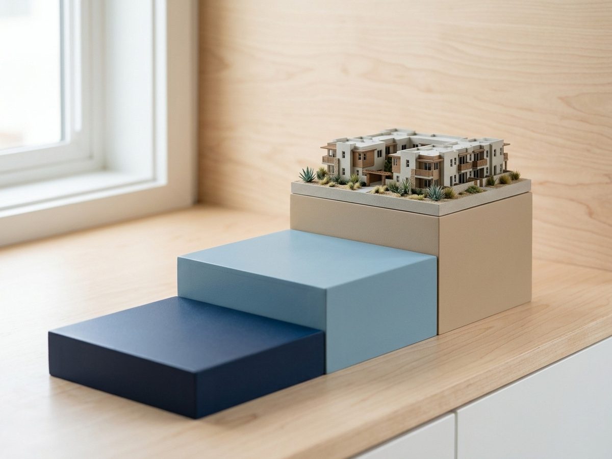 A model apartment building on top of three stepped blocks in navy, light blue and beige