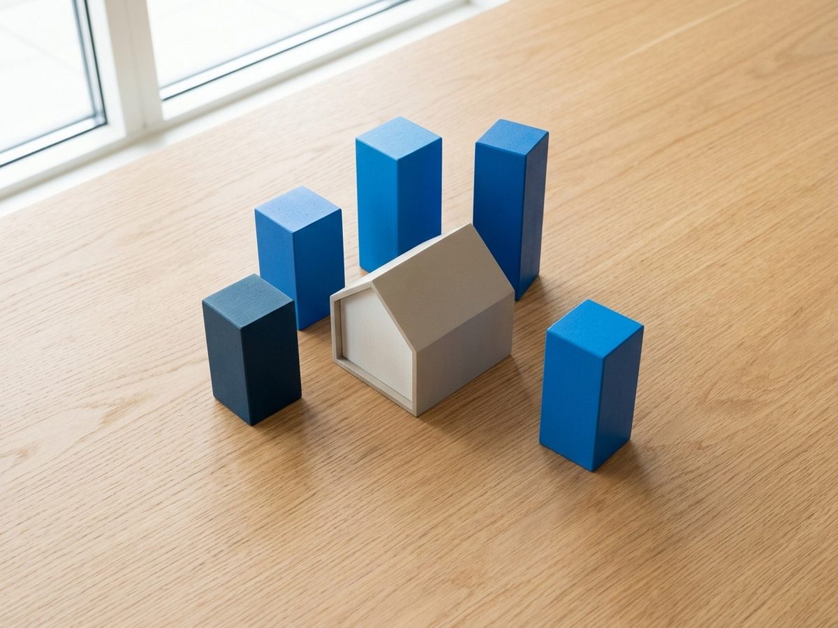 Blue blocks of different heights arranged around a small grey model house on a wooden table
