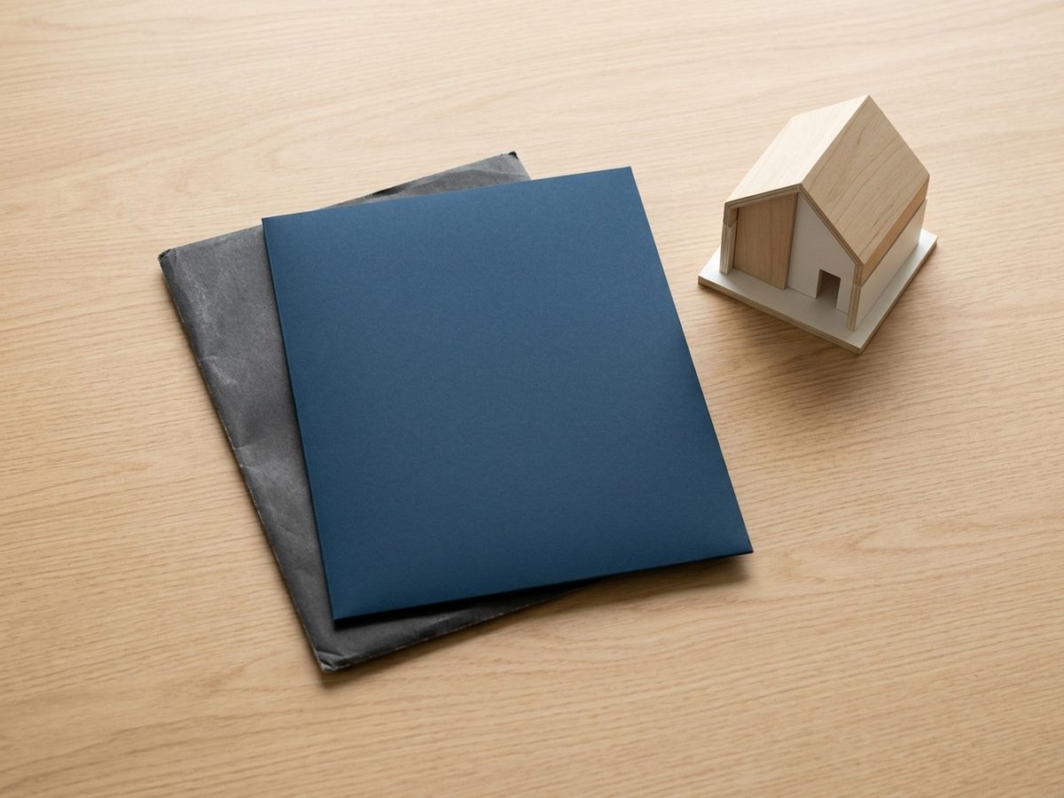 A navy folder laid over a grey folder next to a small wooden model house