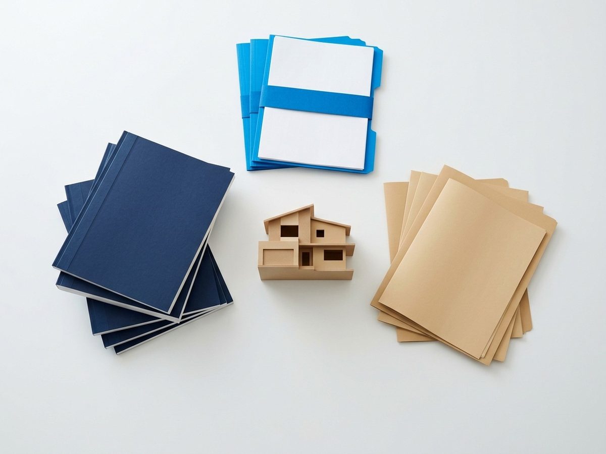 Stacks of navy booklets, blue file folders and kraft paper sheets around a wooden model house
