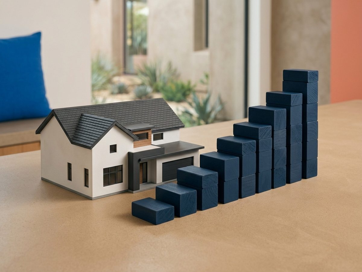 A model house beside navy blocks stacked like steps that rise from left to right