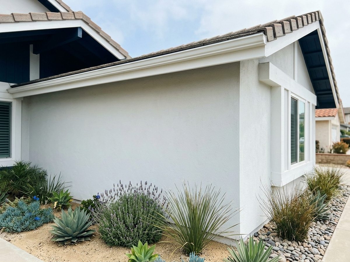 Corner of a white stucco house with a tiled roof and a garden of lavender and succulents