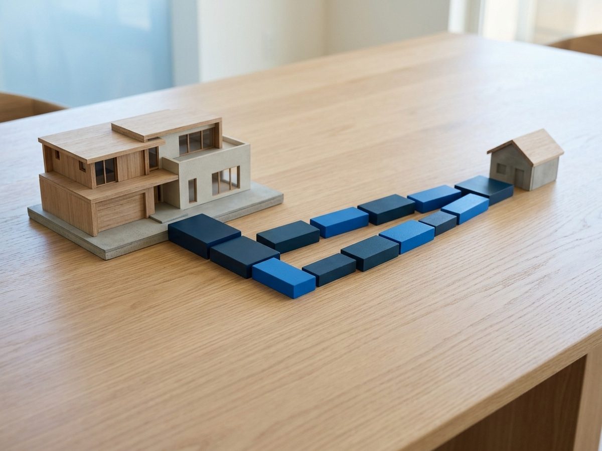 A path of blue blocks leading from a large model house to a small wooden cottage on a table