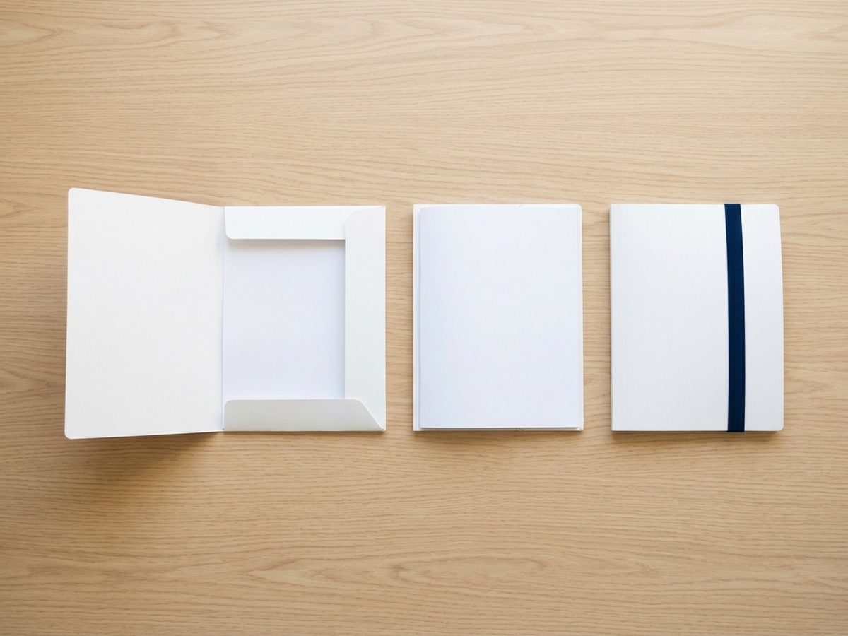 Three white document folders laid out side by side on a wooden desk, one marked with a navy stripe