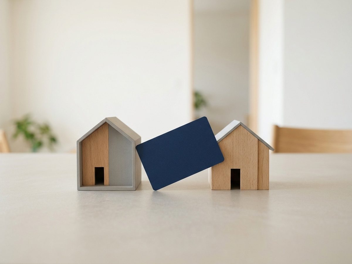 A navy card leaning between two small wooden model houses on a table