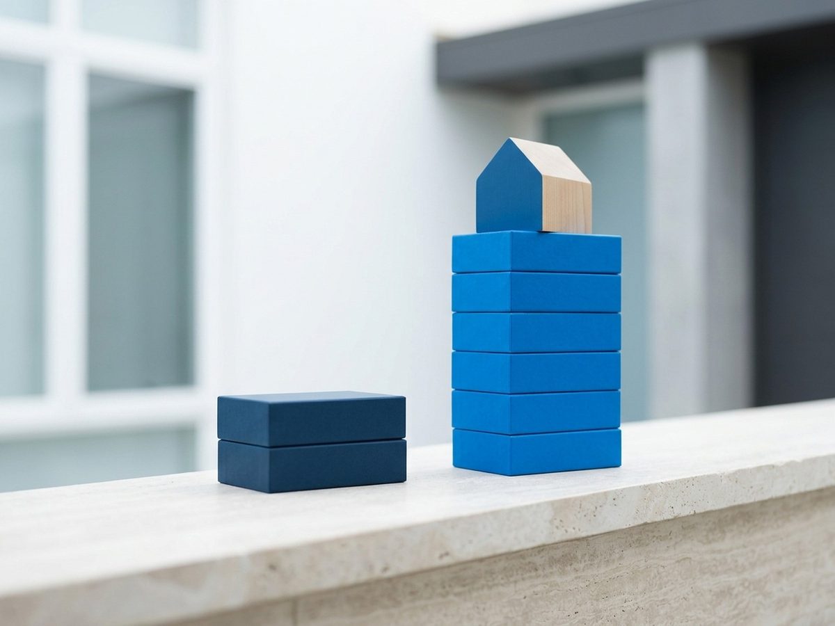A short stack of navy blocks beside a taller stack of blue blocks topped with a small house